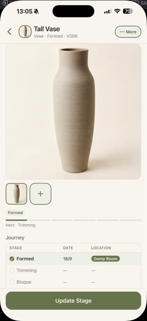 Claymate piece detail for Tall Vase, showing photos, stage and journey